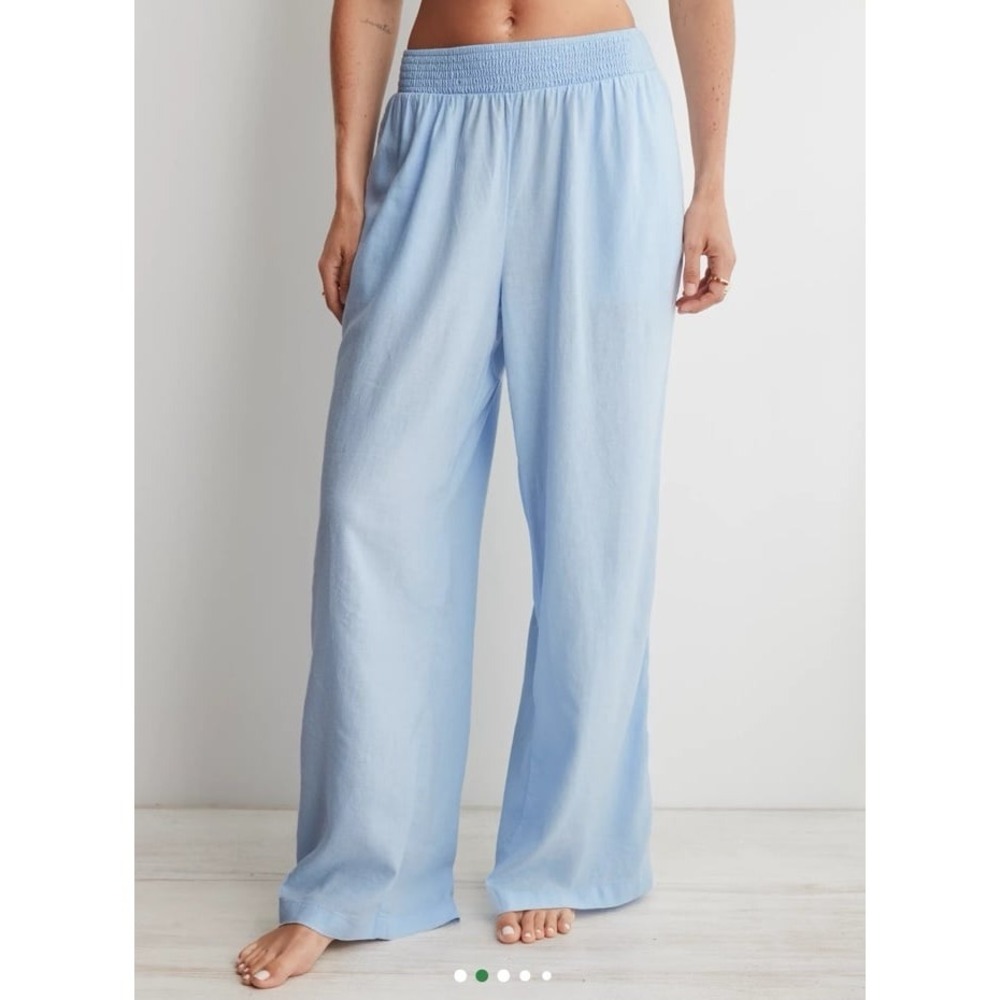 Aerie Wide Leg Lounge Pants Women's L Blue Smocked Waist Gauze‎ Linen Blend NWT